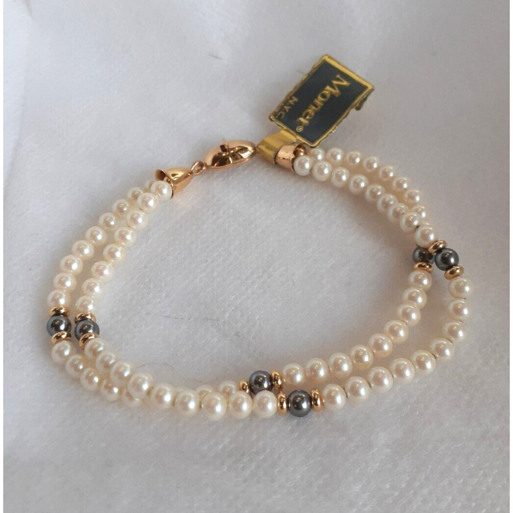 MONET Vintage Faux White & Black Pearl 2-Strand Bracelet Jewelry Signed NWT
